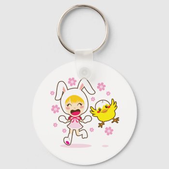 Bunny Girl And Little Chick Keychain by Kakigori at Zazzle
