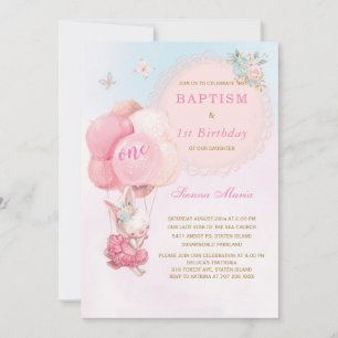 Bunny Girl First Birthday and Baptism Invitation