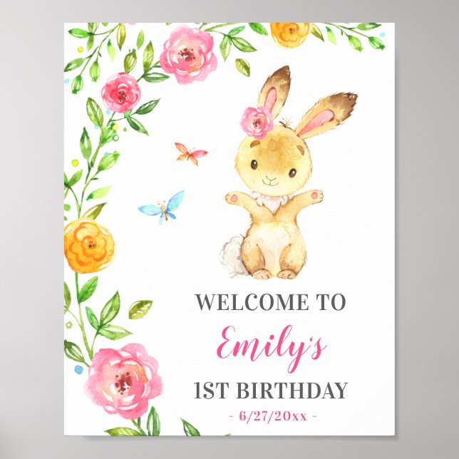Bunny Girl First Birthday Colorful Animal Welcome Poster (Front)