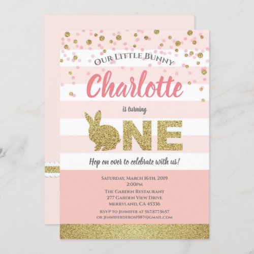 Bunny girl first birthday invitation pink and gold