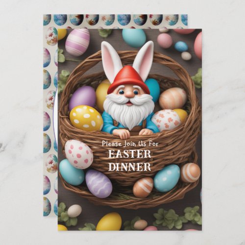 Bunny Gnome Basket of Eggs Easter Dinner Invitation