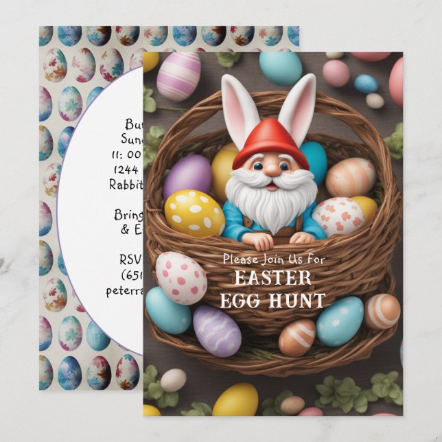 Bunny Gnome in Basket Easter Egg Hunt Invitation (Front/Back)