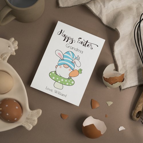 Bunny Gnome On Mushroom Happy Easter Script Holiday Card
