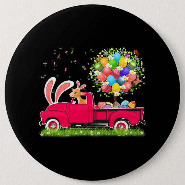 Bunny Goat Riding Pickup Truck Easter Eggs Tree Fl Button (Front)