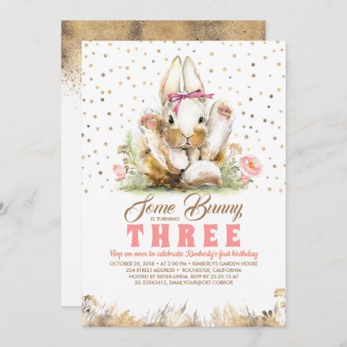 Bunny Gold Glitters Pink Floral Birthday Invitation