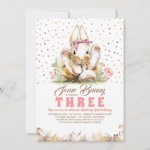 Bunny Gold Glitters Pink Floral Birthday Invitation | Zazzle