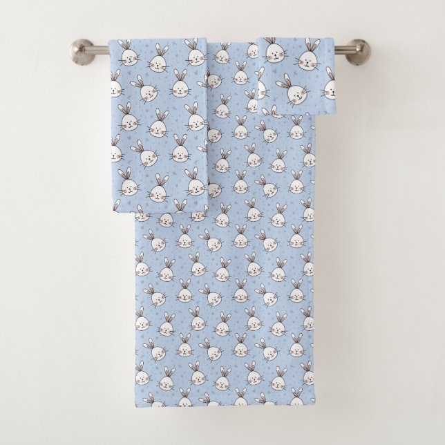 Bunny Heads Over Sky Blue Pattern Bath Towel Set (Insitu)