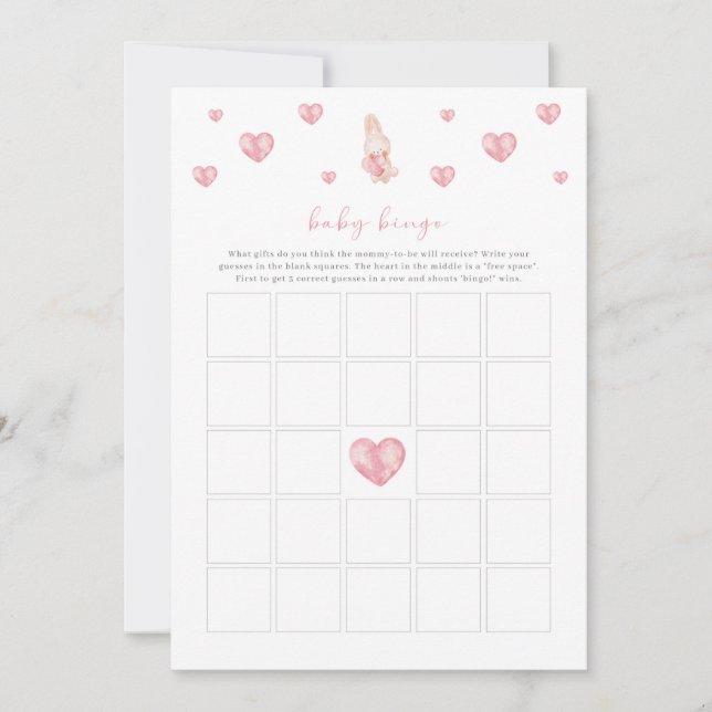 Bunny Heart Valentine Baby Shower Bingo Game (Front)