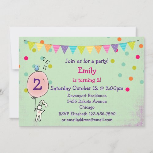 Bunny Holding a Balloon Birthday Party Invite