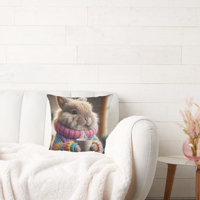 Bunny Holding a Hot Cup of Coffee Throw Pillow (Couch)