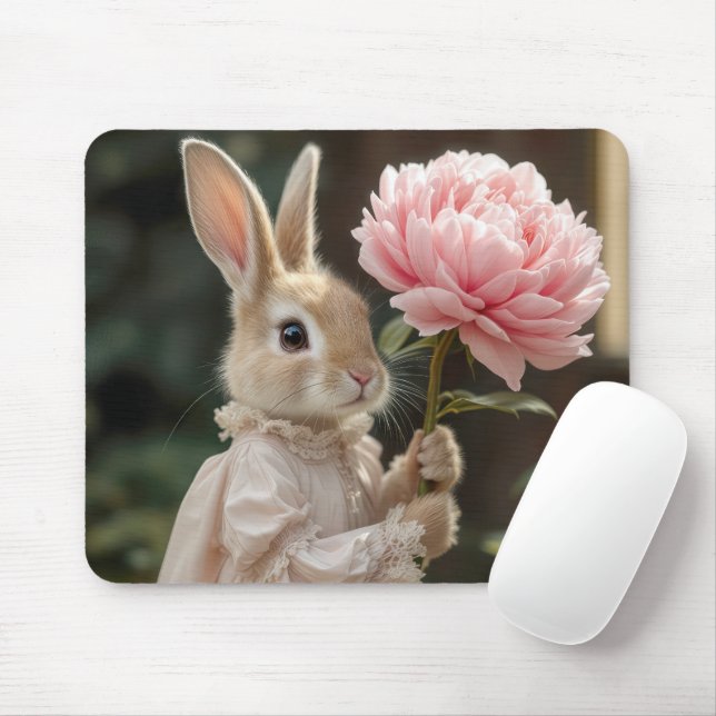 Bunny Holding a Pink Peony Mouse Pad (With Mouse)