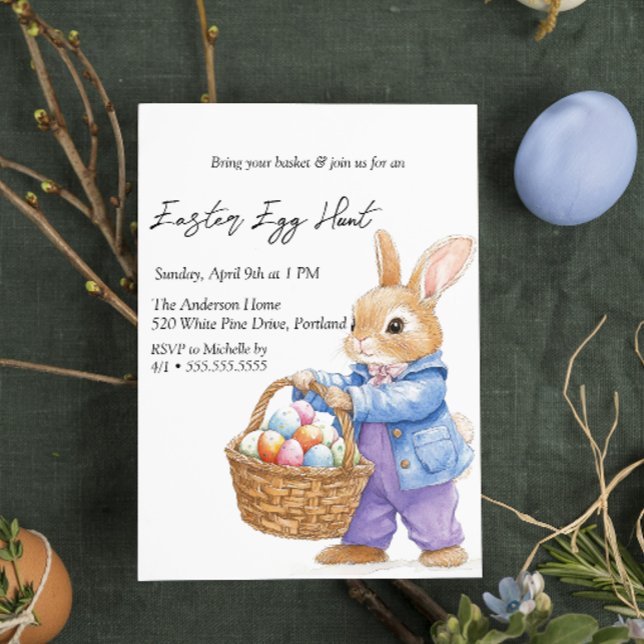 Bunny Holding Eggs in Basket Easter Egg Hunt  Invitation (Creator Uploaded)