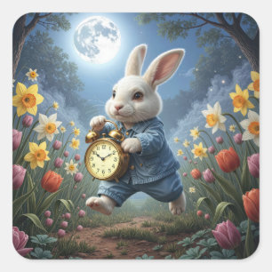 Bunny Hopping With an Alarm Clock Square Sticker