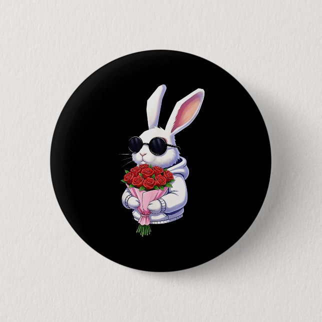 Bunny Hugging Valentine Flower Bunny  Button (Front)