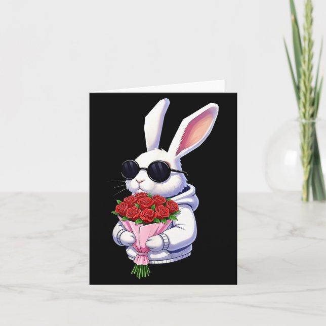 Bunny Hugging Valentine Flower Bunny  Card (Front)