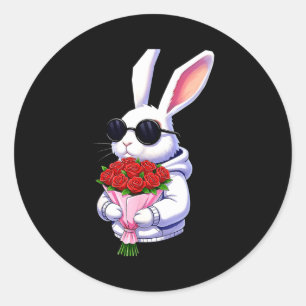 Bunny Hugging Valentine Flower Bunny Classic Round Sticker