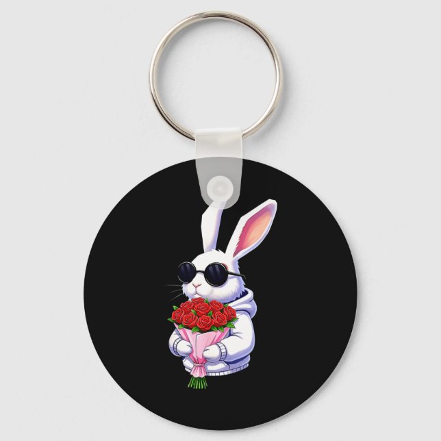 Bunny Hugging Valentine Flower Bunny  Keychain (Front)