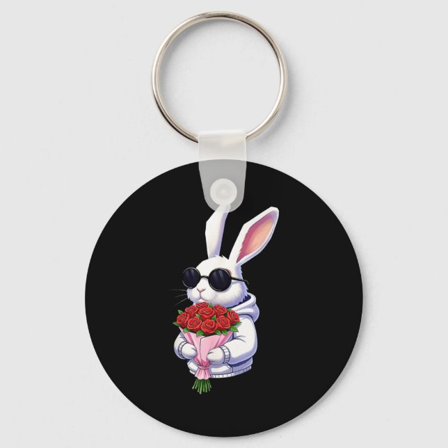 Bunny Hugging Valentine Flower Bunny  Keychain (Front)