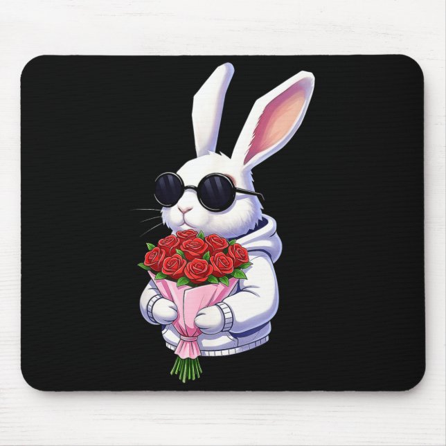 Bunny Hugging Valentine Flower Bunny  Mouse Pad (Front)