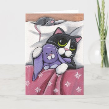 Bunny Hugz | Tuxedo Cat And Toy Bunny Illustration Card by LisaMarieArt at Zazzle