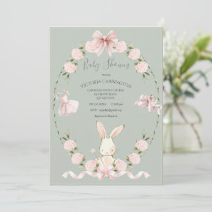 Bunny Hydrangeas Pink Sage Ballerina Baby Invitation