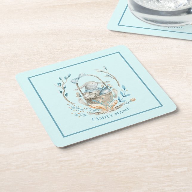 Bunny in a Easter basket Happy Easter text Square Paper Coaster (Angled)