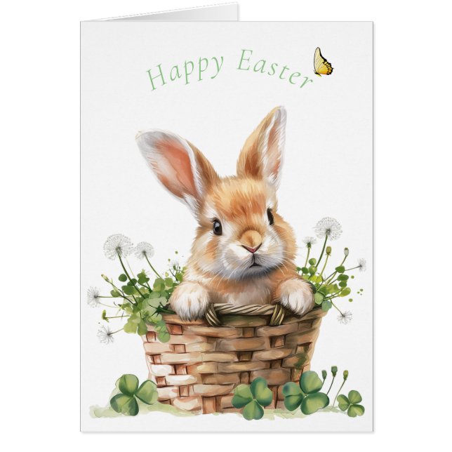Bunny in Basket with Clover and Dandelion Poufs (Front)