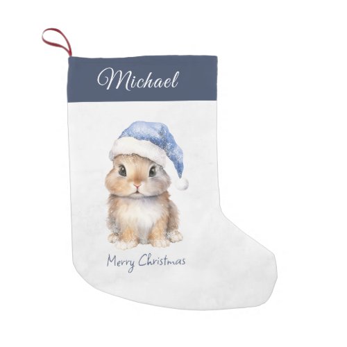  Bunny in Blue Santas Hat Personalized  Small Christmas Stocking