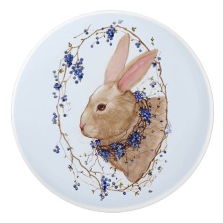 Bunny in Blueberry Wreath Round Ceramic Knob