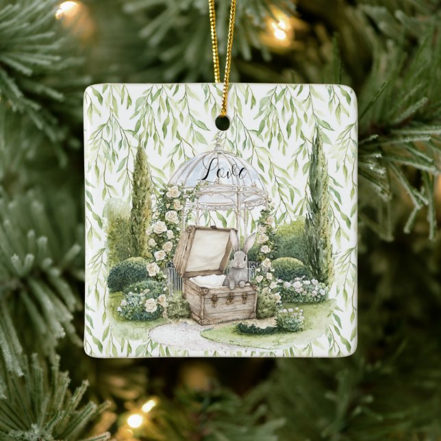 Bunny in Chest Green Leaves Floral Christmas Ceramic Ornament (Tree)