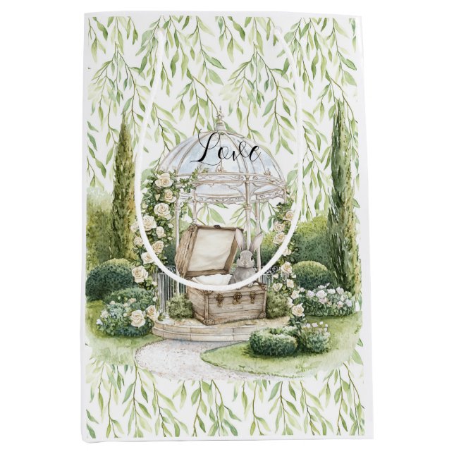Bunny in Chest Green Leaves Floral Christmas Medium Gift Bag (Front)