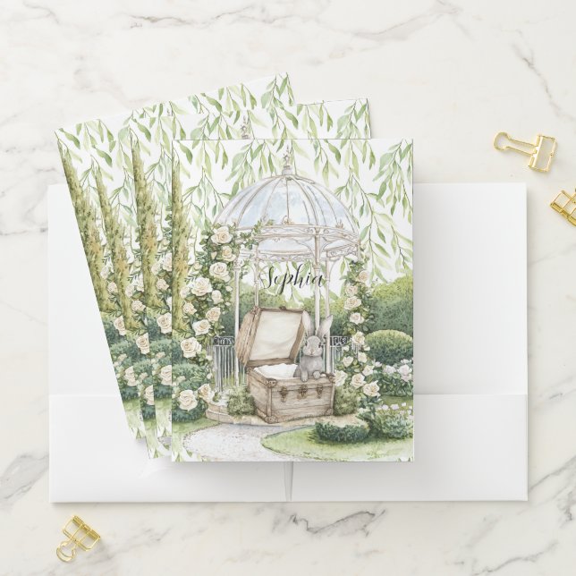 Bunny in Chest Green Leaves Floral Pocket Folder (In Situ)