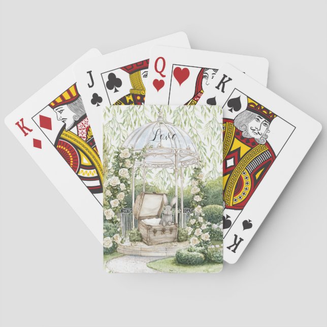 Bunny in Chest Green Leaves Floral Poker Cards (Back)