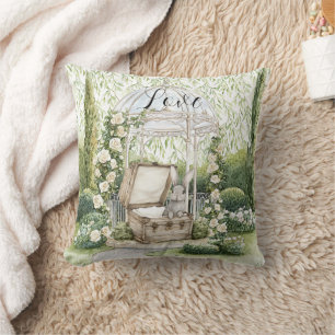 Bunny in Chest Green Leaves Floral Throw Pillow
