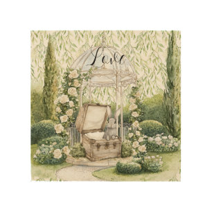 Bunny in Chest Green Leaves Floral Wood Wall Art