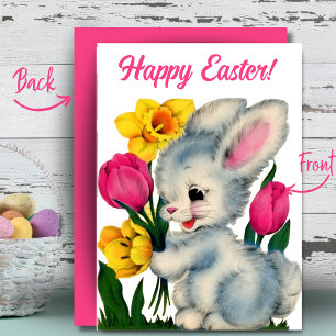 Bunny In Flowers Happy Easter Custom Retro Holiday Card
