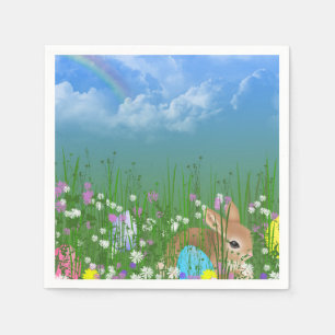 bunny in flowers with Easter eggs and rainbow Napkins