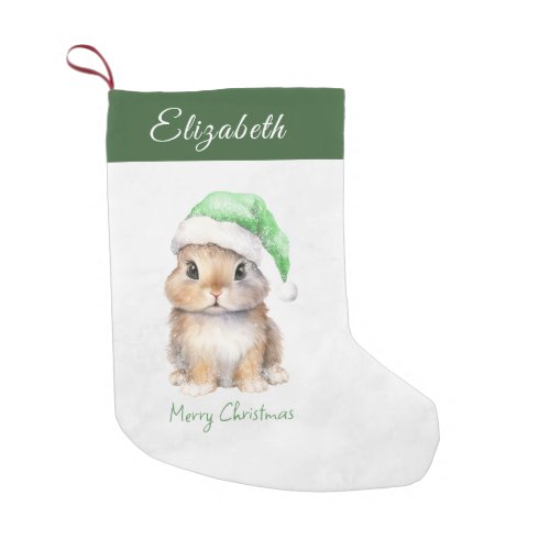 Bunny in Green Santas Hat Personalized   Small Christmas Stocking