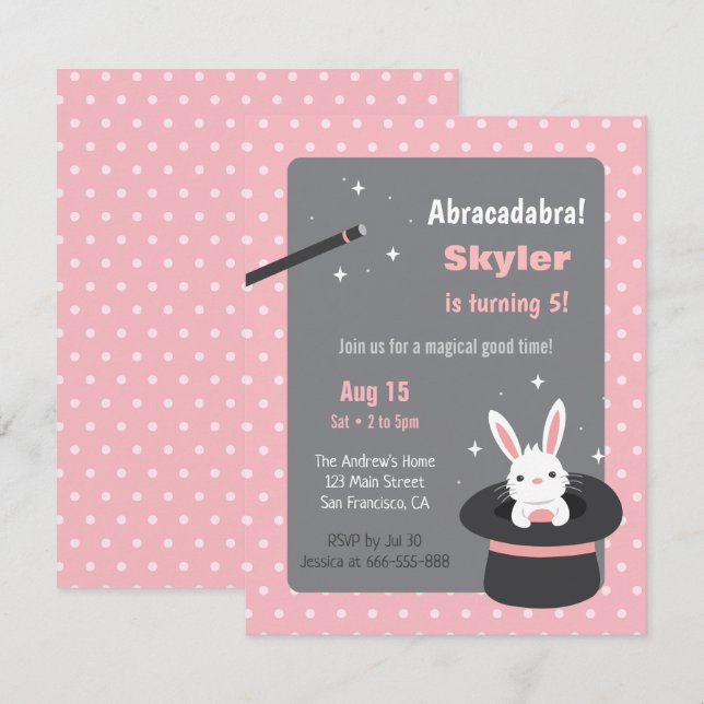 Bunny in Hat Polka Dots Magic Birthday Party Invitation (Front/Back)