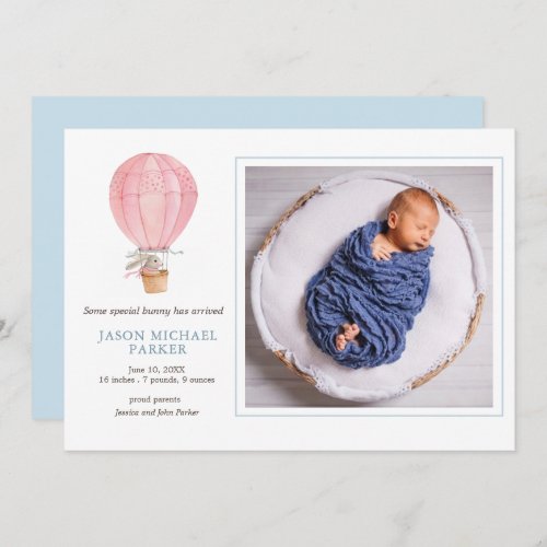 Bunny in hot air balloon Baby photo birth Announcement