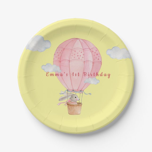 Bunny in Hot air balloon Baby's 1st birthday Paper Plates (Front)
