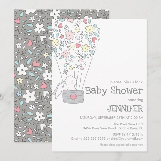 Bunny in hot air Balloon | neutral baby shower Invitation (Front/Back)