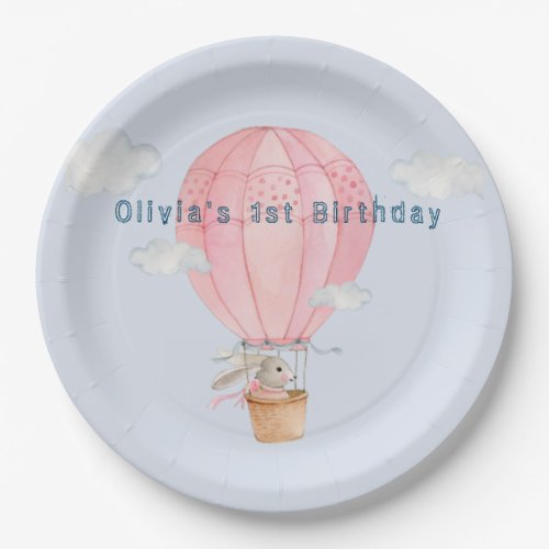 Bunny in Hotair balloon pastel color birthday Paper Plates