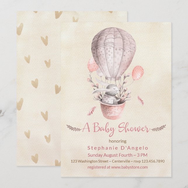 Bunny in Pink Hot Air Balloon Baby Shower Invitation (Front/Back)