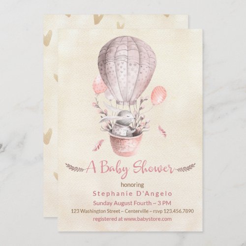 Bunny in Pink Hot Air Balloon Baby Shower Invitation