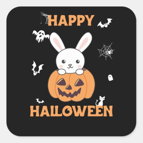 Bunny In Pumpkin Cute Bunnies Happy Halloween Square Sticker