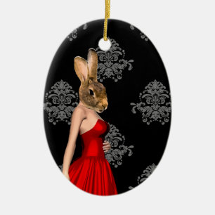 Bunny in red dress ceramic ornament