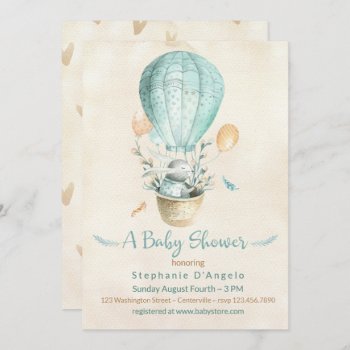 Bunny In Teal Blue Hot Air Balloon Baby Shower Invitation by StarStock at Zazzle