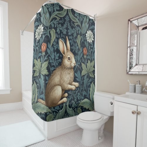 Bunny in the forest art nouveau shower curtain