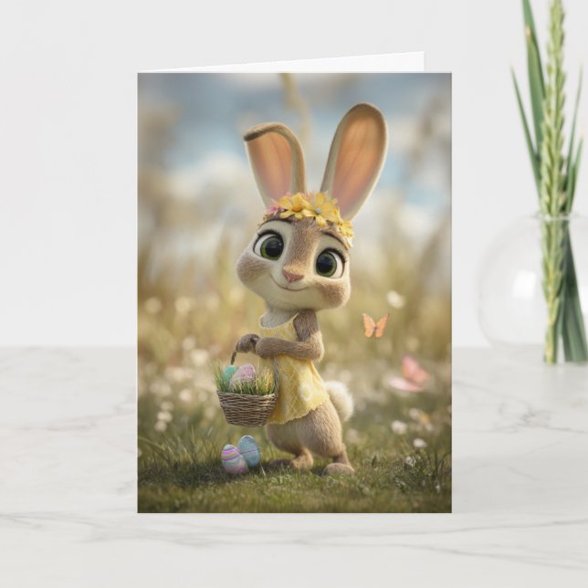 Bunny in Yellow w/ Flower Crown & Easter Basket Card (Front)
